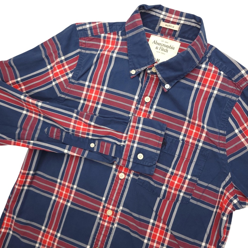 Abercrombie & Fitch Muscle Shirt Mens M Blue Plaid Long Sleeve Button Up